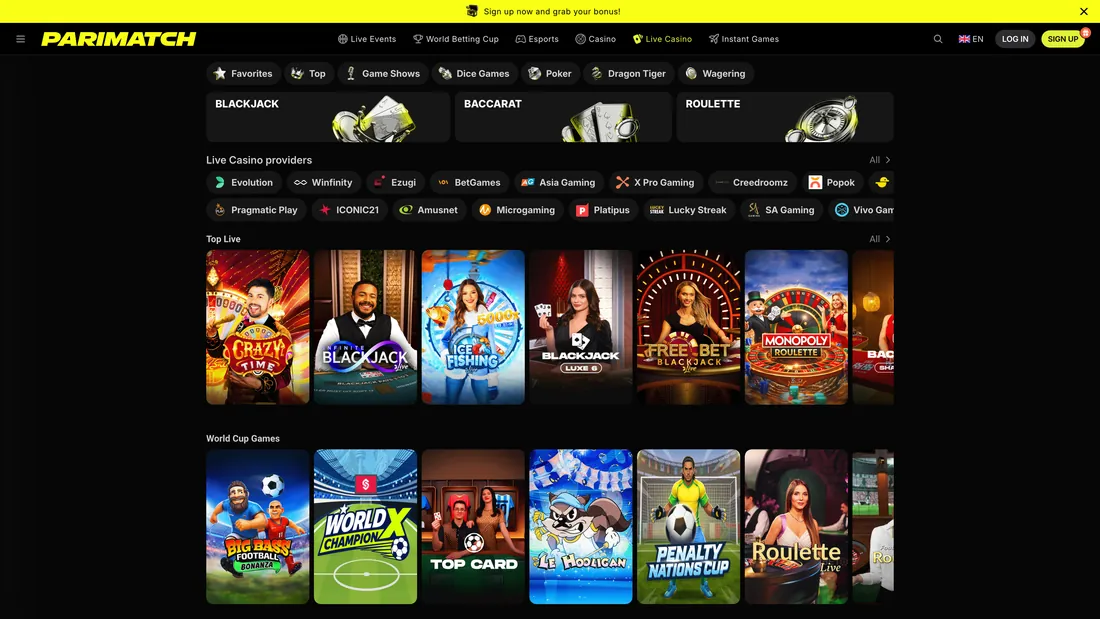 Casino en vivo de Parimatch con mesas de ruleta y blackjack con crupier real