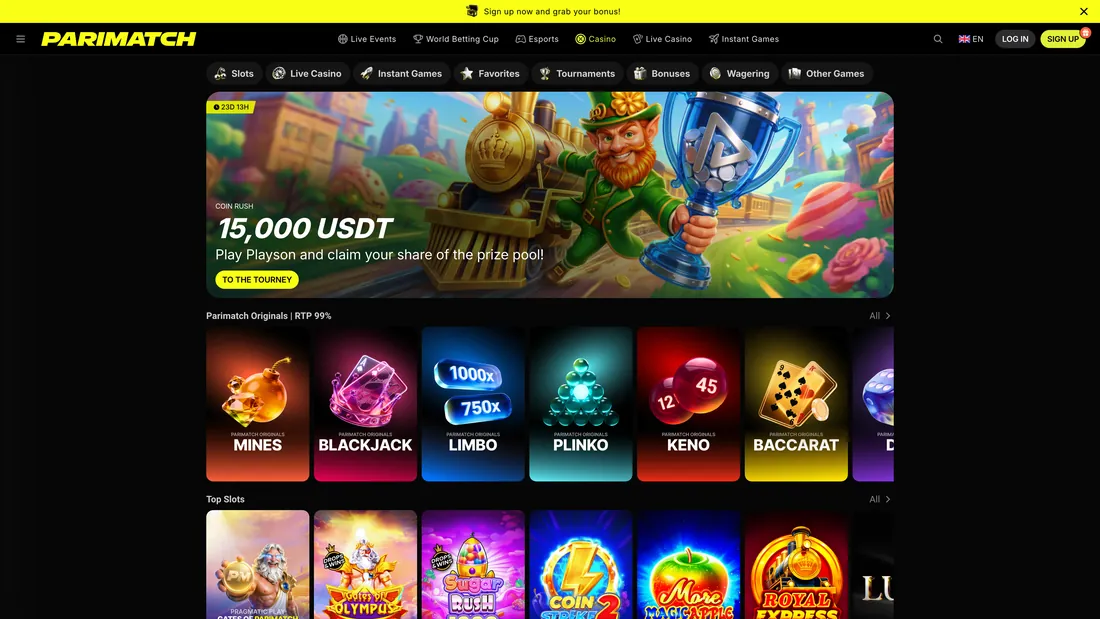 Lobby del casino de Parimatch con tragamonedas y juegos destacados