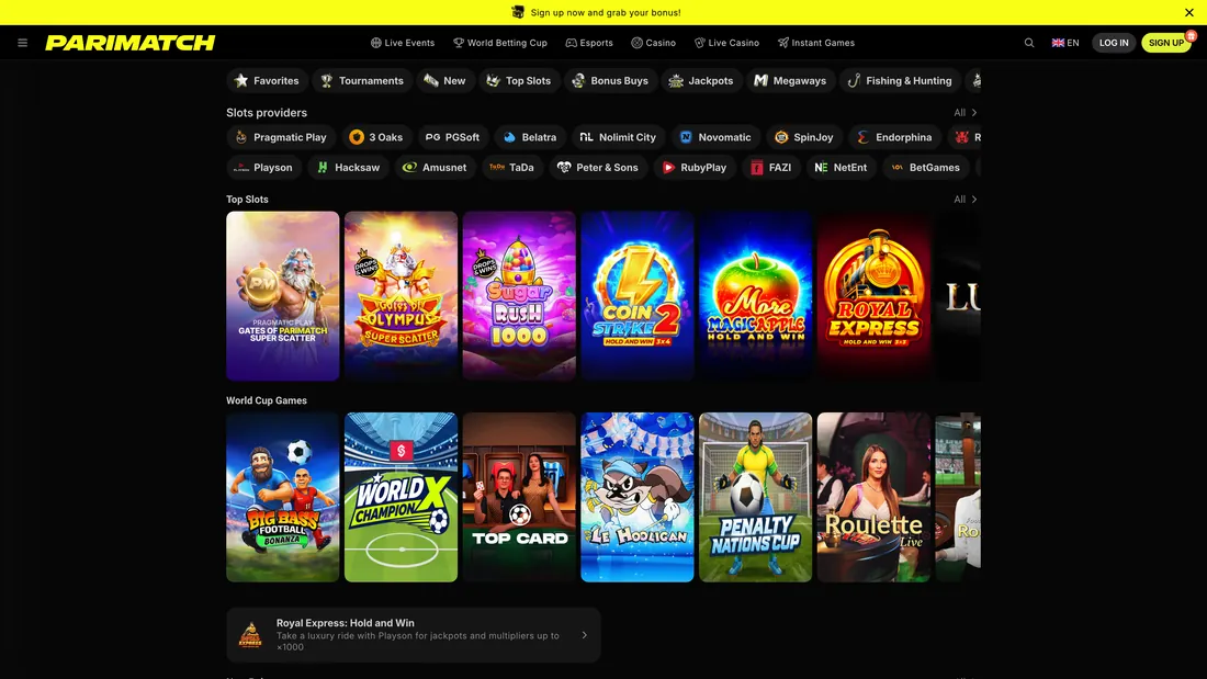 Sección de tragamonedas del casino de Parimatch con filtros por proveedor